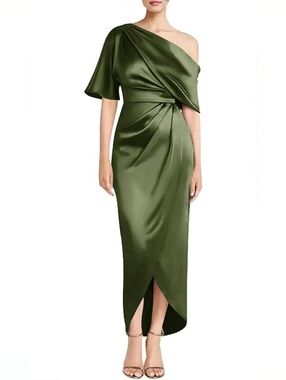 Satin Dress Half Sleeves One Shoulder Tea Length Mermaid Formal Evening Gown